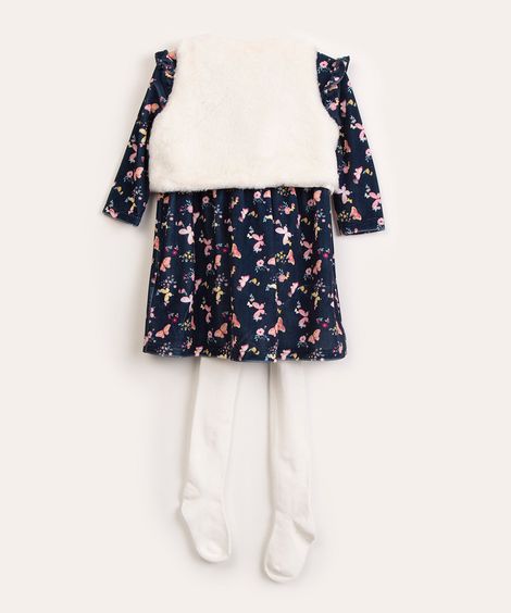 vestido infantil de plus floral + colete de pelo + meia calça azul marinho