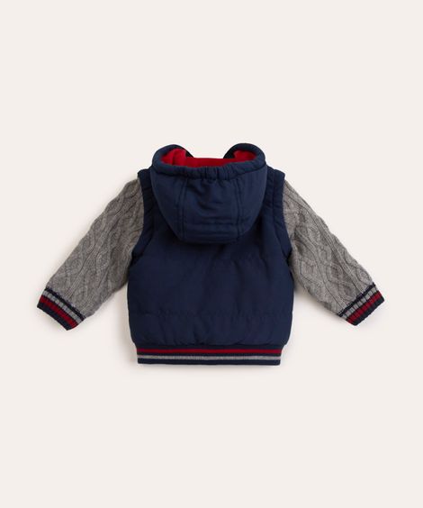 Jaqueta Puffer de Nylon Infantil com Tricô e Capuz Azul Marinho