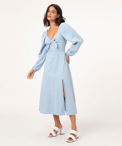 vestido jeans midi manga bufante nó frontal azul claro