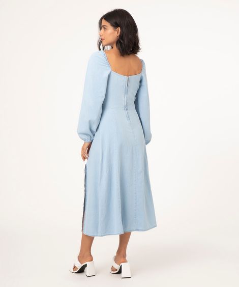 vestido jeans midi manga bufante nó frontal azul claro