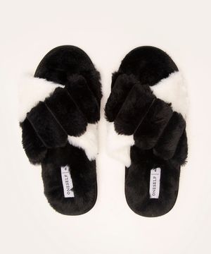 pantufa chinelo pelúcia faixas cruzadas preto