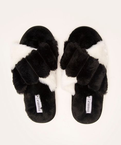 pantufa chinelo pelúcia faixas cruzadas preto