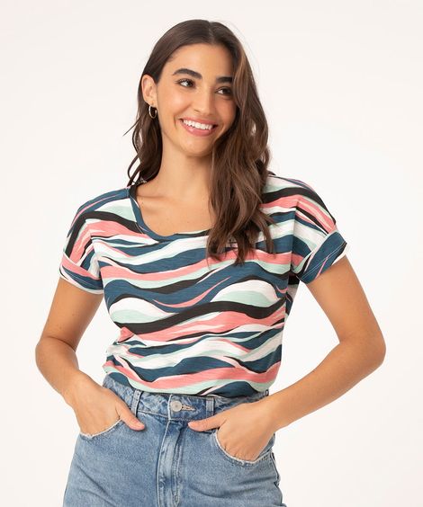 Camiseta Feminina Estampada Manga Curta Ondulada Decote Redondo Azul Marinho