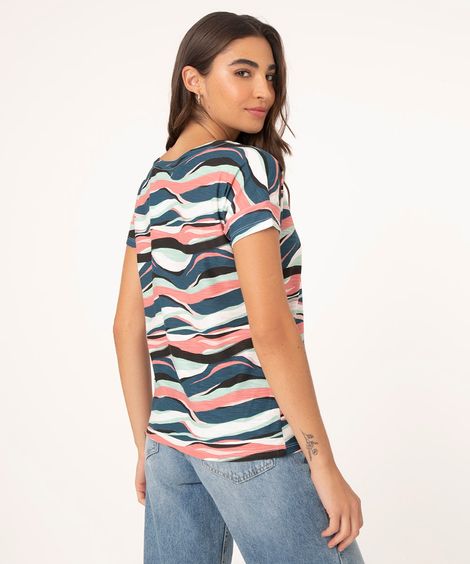 Camiseta Feminina Estampada Manga Curta Ondulada Decote Redondo Azul Marinho