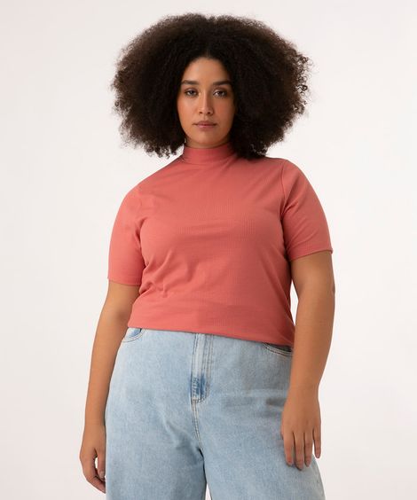 blusa plus size canelada manga curta gola alta rosa