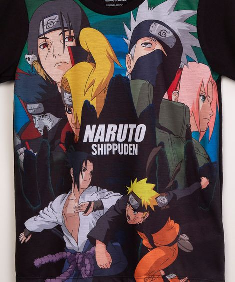 camiseta juvenil manga curta naruto preto