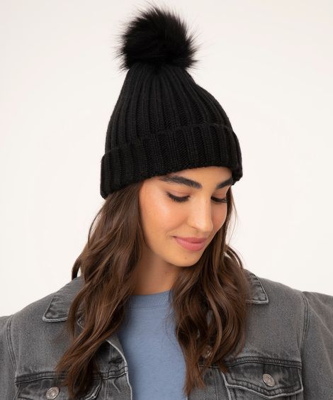 gorro de tricô com pompom preto