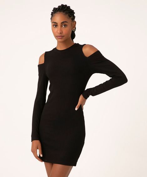 Vestido Curto Canelado Cut Out Manga Longa Preto
