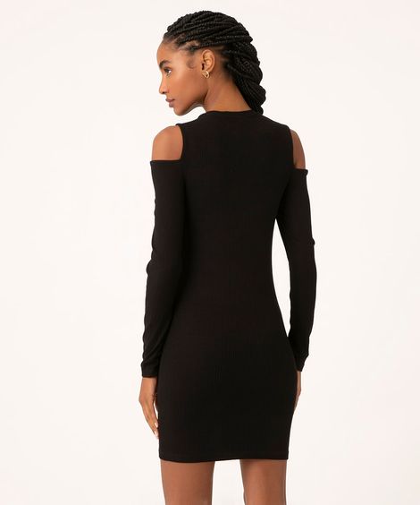 Vestido Curto Canelado Cut Out Manga Longa Preto