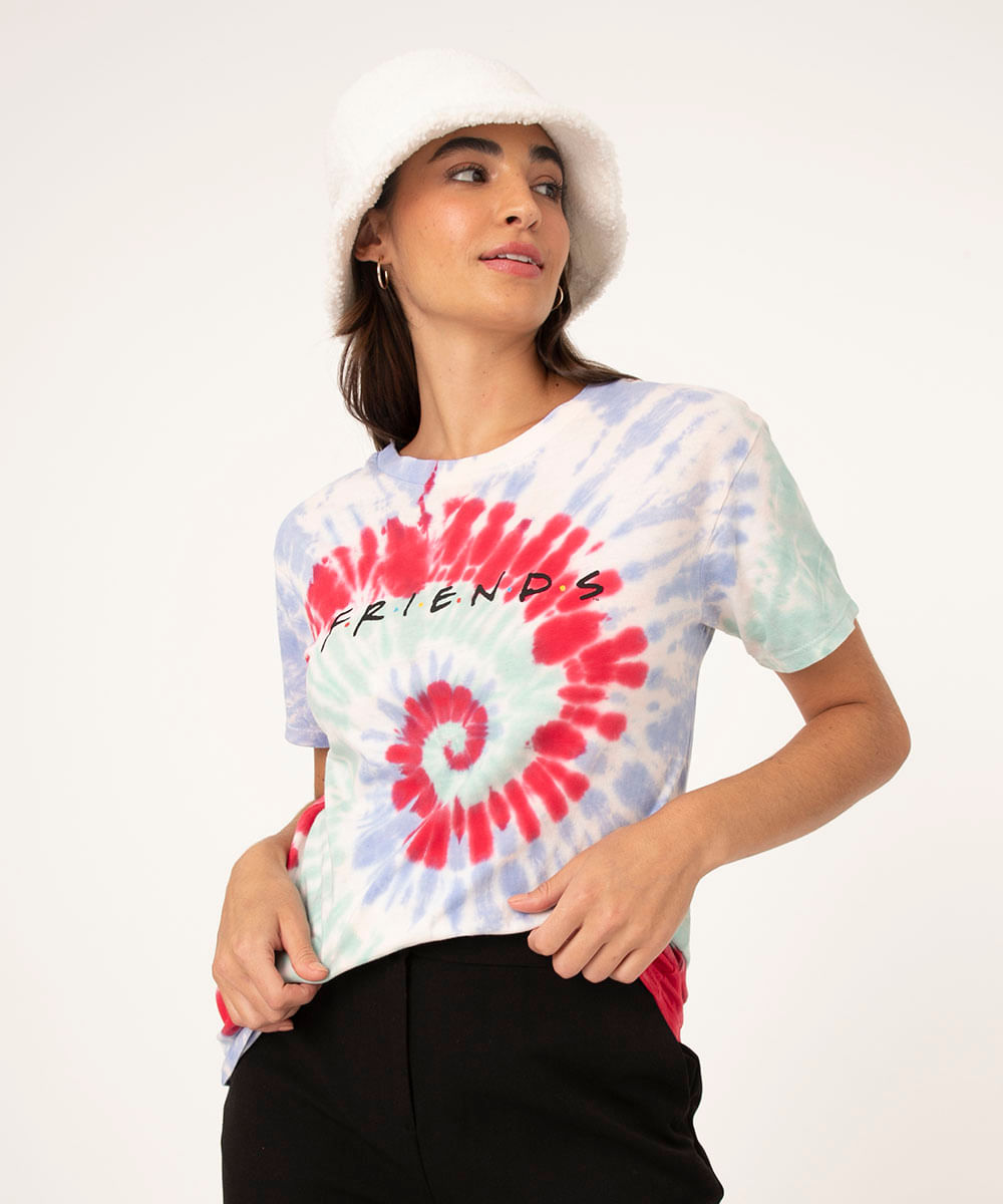 Camiseta Tie Dye Com Estampa De Desenho Animado, Casual Com Gola Redonda E  Mangas Curtas, Roupa Feminina