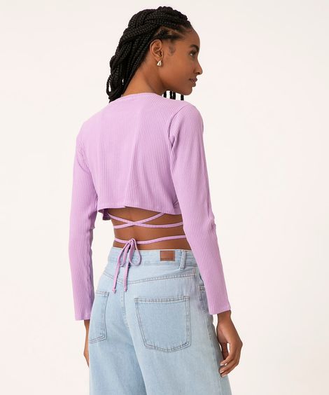 Blusa Cropped Canelada com Amarração Manga Longa Decote V Lilás