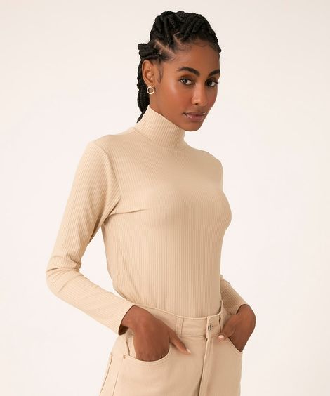 blusa de malha canelada manga longa gola alta bege