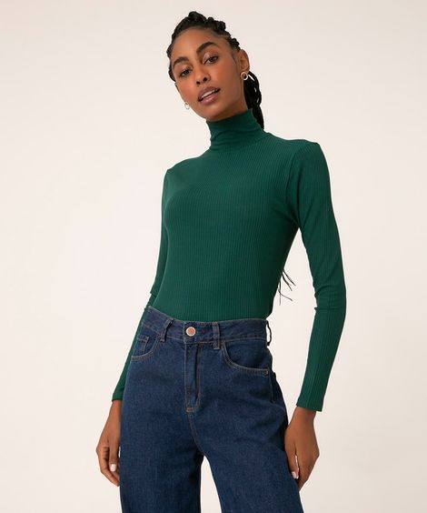 blusa de malha canelada manga longa gola alta verde