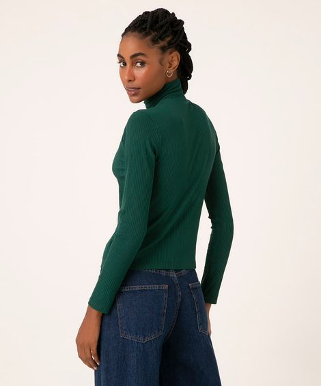 blusa de malha canelada manga longa gola alta verde