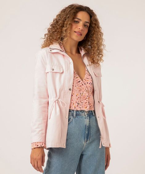 jaqueta parka de sarja com cordão ajustável rosa claro