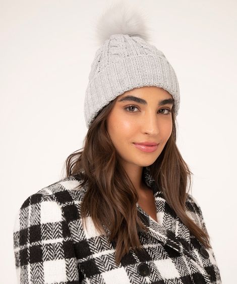 gorro de tricô com pompom cinza