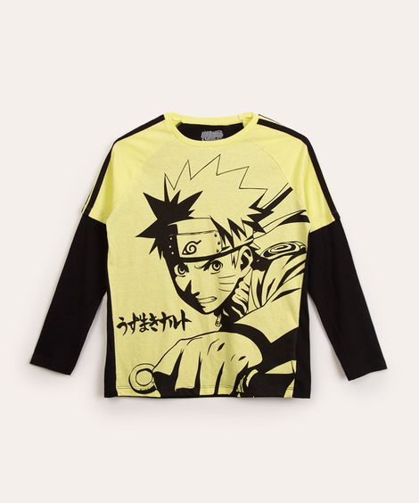 camiseta juvenil manga longa naruto amarelo neon