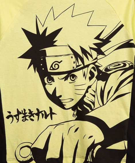 camiseta juvenil manga longa naruto amarelo neon