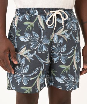 Short com Linho Estampado Floral com Cordão Azul
