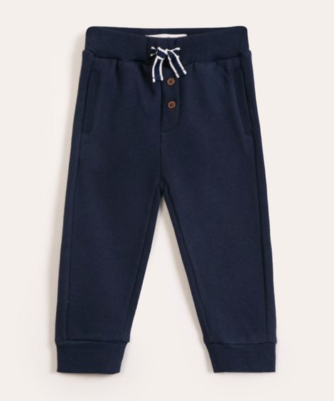 calça infantil de moletom com botões e cordão azul marinho
