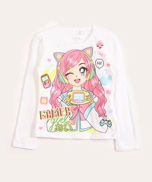 camiseta infantil manga longa gamer branco