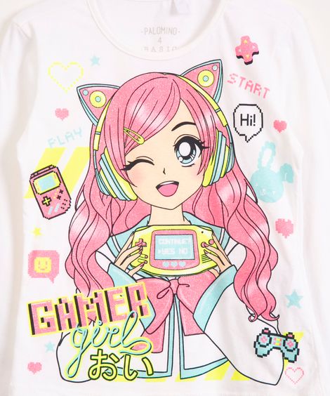 camiseta infantil manga longa gamer branco