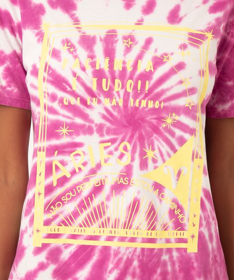 Blusa Feminina Signo Áries Estampada Tie Dye Manga Curta Decote Redondo Pink