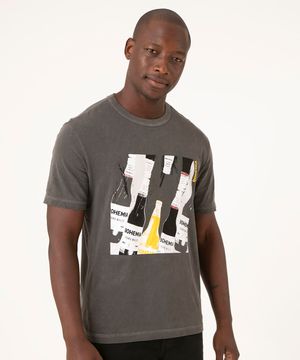 Camiseta de Algodão Bohemia Manga Curta Gola Careca Chumbo