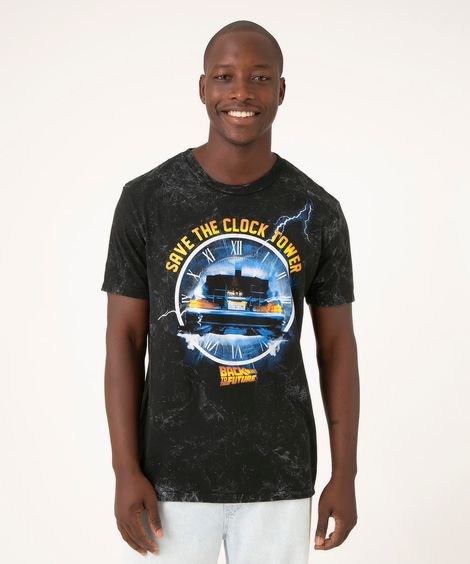 Camiseta de Algodão De Volta Para O Futuro Manga Curta Gola Careca Preta