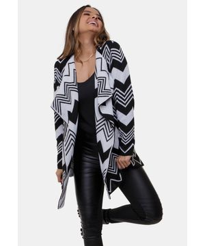 Kimono Pink Tricot de Tricô Com Estampa Zig Zag e Chevron Feminino Preto e Branco