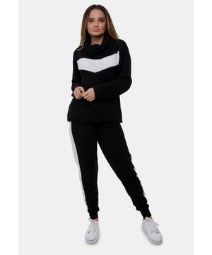 Conjunto Comfy Pink Tricot Com Calça Jogging e Blusa Com Gola Alta de Tricô Mousse Feminino Preto e Branco