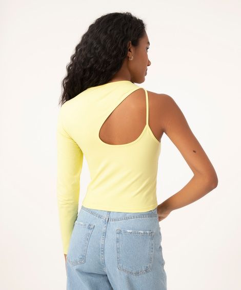 blusa cropped assimétrica manga longa amarelo claro