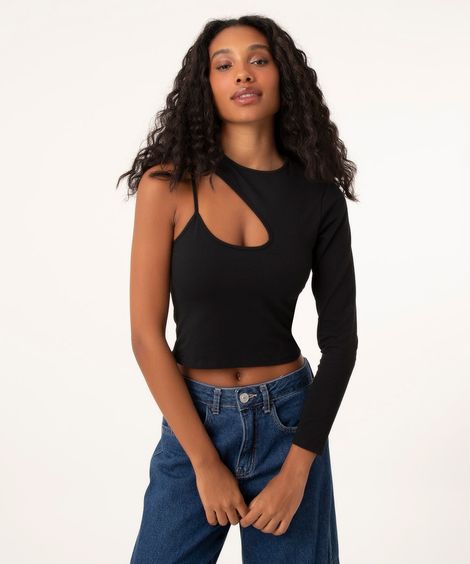 blusa cropped assimétrica manga longa preta