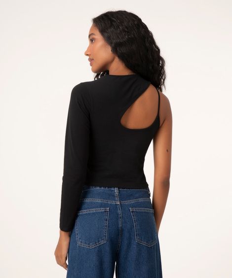 blusa cropped assimétrica manga longa preta