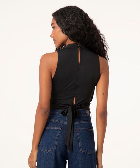 regata gola alta cropped com amarração preto