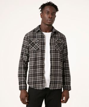 Camisa Masculina Tradicional em Flanela Estampada Xadrez com Bolsos Manga Longa Preta