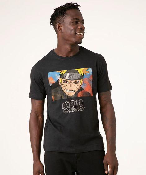 Camiseta Masculina Manga Curta Naruto Gola Careca Preta