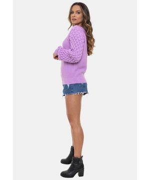 Tricô Blusa Pink Tricot Fang e Mangas Bufantes com Bolinhas Feminina Roxo