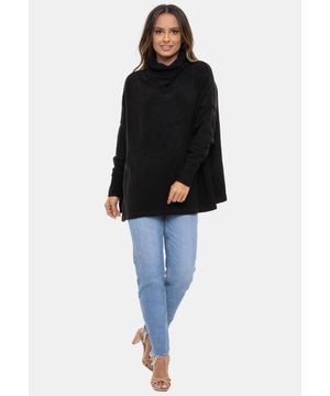 Tricô Poncho Pink Tricot Mousse Gola Boba e Manga Longa Canelada Feminino Preto