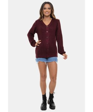 Tricô Casaco Cardigan Pink Tricot Manga Longa Fang e Botões Feminino Vinho