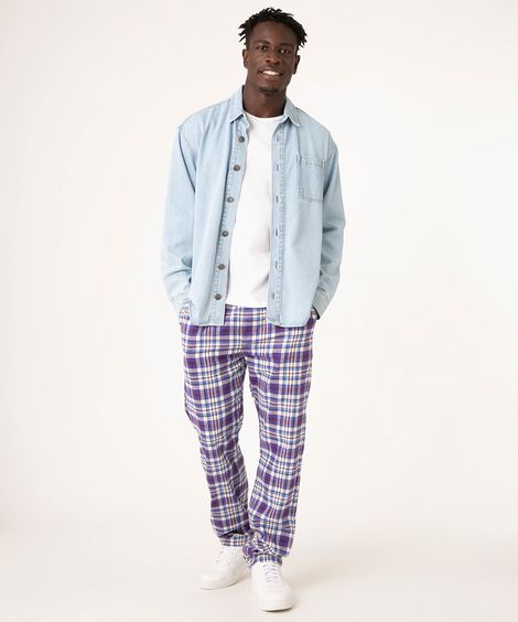 Calça de Flanela Masculina Reta Estampada Xadrez com Bolsos Azul