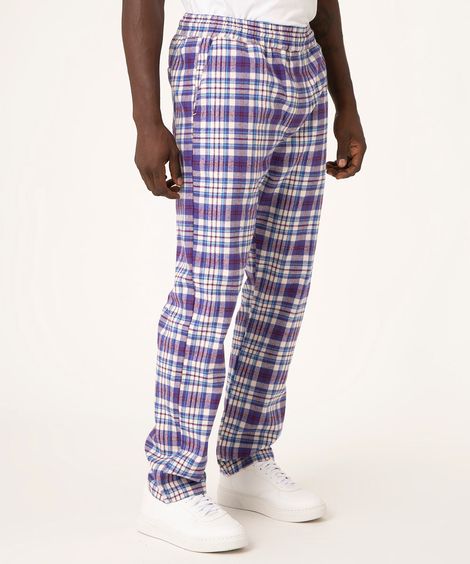 Calça de Flanela Masculina Reta Estampada Xadrez com Bolsos Azul