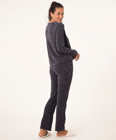 pijama manga longa de tricô azul marinho