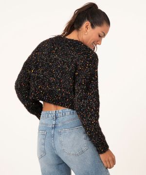 cardigan cropped com bolinhas coloridas de chenille preto