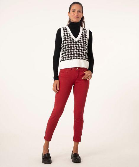 calça de sarja skinny barra com zíper vermelho escuro