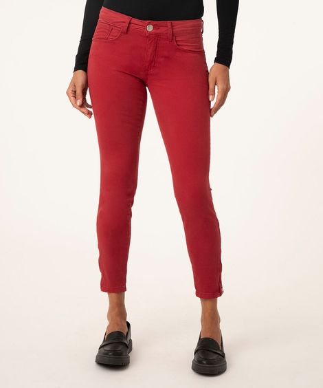 calça de sarja skinny barra com zíper vermelho escuro