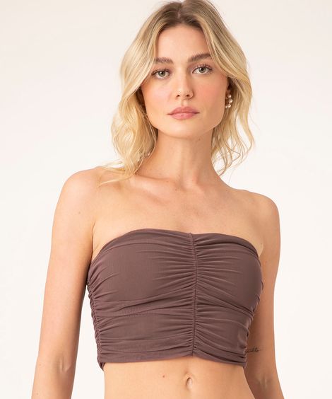 corset franzido de tule sem alça marrom