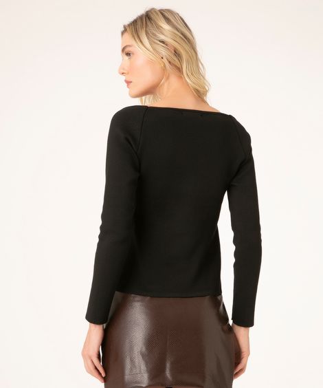 blusa manga longa de tricô decote coração preta