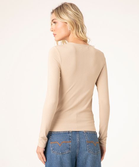 blusa canelada manga longa cut out kaki