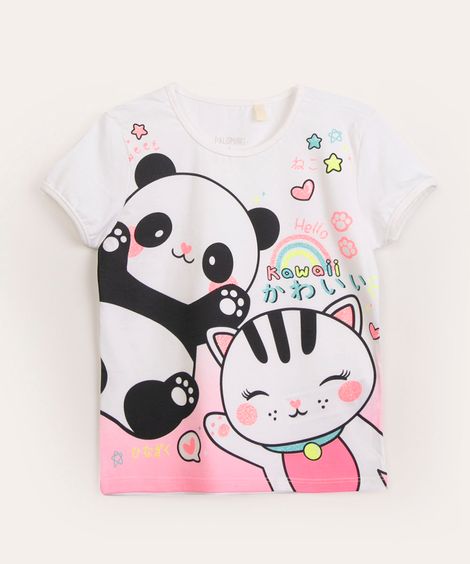 camiseta infantil manga curta panda e gato glitter  off white